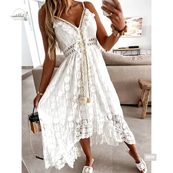 Sleeveless Lace Maxi Dress with Tassel Details, Adjustable Straps, Smocked Back - Picture 3 of 7